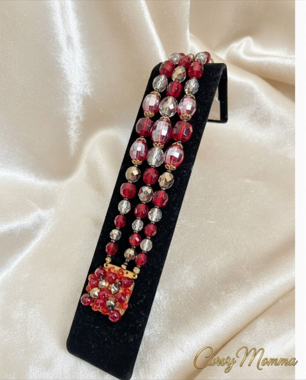 Vintage Mid-Century Ruby Faceted Glass Triple Strand Vintage Bracelet